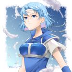  1girl absurdres armor blue_armor blue_eyes blue_gloves blue_hair border breastplate feathers fire_emblem fire_emblem:_the_binding_blade gloves headband highres midori_no_baku pegasus_knight_uniform_(fire_emblem) short_hair short_sleeves shoulder_armor simple_background solo thea_(fire_emblem) twitter_username upper_body white_border white_feathers 