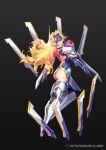  1girl :o arm_blade armor ass backless_outfit blazblue blonde_hair blue_eyes blue_gloves blush destiny_child dual_wielding elbow_gloves floating floating_object floating_weapon forehead_protector from_behind gloves headgear holding leg_armor looking_at_viewer looking_back mecha mecha_musume mu-12 noel_vermillion punc_p revealing_clothes robot robot_ears shoulder_armor weapon 