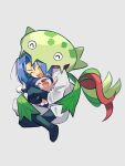  1boy carnivine closed_eyes highres hug james_(pokemon) male_focus mime_jr. open_mouth pokemon pokemon_(anime) pokemon_(creature) sitting team_rocket white_background yunme 