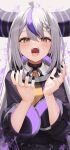  1girl ahoge black_choker black_coat brown_eyes choker coat commentary_request double-parted_bangs fangs grey_hair highres hololive la+_darknesss long_hair long_sleeves looking_at_viewer multicolored_hair open_mouth purple_hair shirt solo streaked_hair thomas_8000 upper_body very_long_hair virtual_youtuber white_shirt 
