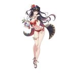  1girl bikini black_hair blush breasts cape cleavage fire_emblem fire_emblem_awakening fire_emblem_heroes full_body long_hair looking_at_viewer medium_breasts navel non-web_source official_alternate_costume official_art simple_background smile solo swimsuit tharja_(fire_emblem) tiara two_side_up white_background 