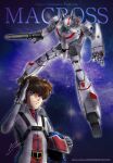  1boy absurdres battroid blue_eyes brown_hair choujikuu_yousai_macross energy_cannon gloves gunpod headwear_removed helmet helmet_removed highres ichijou_hikaru macross mecha mikimoto_haruhiko_(style) official_style pilot_suit robot roundel salute signature spacesuit title u.n._spacy vf-1 vf-1j 