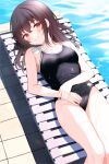  1girl black_hair blush breasts brown_eyes chair closed_mouth collarbone competition_school_swimsuit daysss fujiwara_hajime hair_between_eyes highres holding_own_arm idolmaster idolmaster_cinderella_girls long_hair looking_at_viewer lounge_chair lying on_back outdoors poolside red_eyes school_swimsuit small_breasts smile solo swimsuit wet 