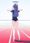  1girl ass bare_legs black_buruma blue_archive blue_shirt buruma from_behind full_body grey_footwear halo hands_in_hair highres legs long_hair outdoors ponytail purple_hair running_track shirt shoes short_sleeves solo standing yuuka_(blue_archive) yuuka_(track)_(blue_archive) zippo_(2387576974) 