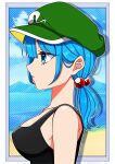  1girl alternate_hairstyle bare_shoulders blue_eyes blue_hair breasts closed_mouth expressionless from_side green_headwear hair_behind_ear hair_between_eyes hair_bobbles hair_ornament hat highres ishiki_nuru kawashiro_nitori large_breasts low_ponytail outline profile solo tank_top touhou white_outline 