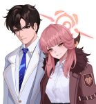  1boy 1girl 82jhin absurdres aru_(blue_archive) black_hair blue_archive blue_necktie brown_coat brown_eyes brown_horns coat coat_on_shoulders collared_shirt demon_horns fur-trimmed_coat fur_trim halo highres horns long_hair necktie open_mouth pink_hair pink_halo sensei_(blue_archive) shirt short_hair simple_background smile upper_body white_background white_coat white_shirt yellow_eyes 