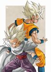  2boys back-to-back blonde_hair cape clenched_hands dragon_ball green_eyes highres jumpsuit kakeru_(dbskakeru) multiple_boys muscular muscular_male orange_jumpsuit purple_jumpsuit simple_background sleeveless son_gohan son_goku spiked_hair toriyama_akira_(style) white_cape 