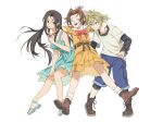  1boy 2girls aerith_gainsborough aged_down arms_around_neck black_hair blonde_hair boots brown_hair cloud_strife dododo dress final_fantasy final_fantasy_vii final_fantasy_vii_remake highres long_hair multiple_girls ponytail sandals short_ponytail smile spiked_hair tifa_lockhart 