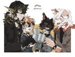  1girl 3boys aak_(arknights) arknights chinese_commentary cup dragon_boy english_text furry furry_female furry_male furry_with_furry holding holding_cup horns hung_(arknights) lee_(arknights) long_hair looking_at_object multicolored_hair multiple_boys mythological_creature shiraka_(sirakaar) single_horn sunglasses tiger_girl toast_(gesture) waai_fu_(arknights) 