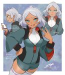  1girl ahoge aizaki_b asticassia_school_uniform blue_background border cellphone commentary_request cowboy_shot cropped_torso dark-skinned_female dark_skin english_text green_eyes green_jacket green_shorts grey_hair gundam gundam_suisei_no_majo hand_on_own_hip highres holding holding_phone jacket leotard looking_at_phone looking_at_viewer multiple_views open_mouth outside_border partially_unzipped phone school_uniform secelia_dote short_hair short_shorts shorts signature smartphone standing sweatdrop teeth thighhighs translation_request twitter_username upper_teeth_only v white_border white_leotard white_nails white_thighhighs 