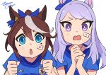 2022_fifa_world_cup 2girls absurdres artist_name blue_shirt blush bright_pupils brown_hair clenched_hands ear_bow hair_between_eyes highres long_hair looking_at_viewer mejiro_mcqueen_(umamusume) multicolored_hair multiple_girls open_mouth own_hands_together ponytail purple_eyes purple_hair shirt short_sleeves simple_background sticker_on_face streaked_hair tokai_teio_(umamusume) umamusume upper_body v-shaped_eyebrows white_background white_pupils world_cup zetsuyo_chimayo 