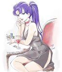  1girl black_dress blue_hair breasts card chair choker cleavage crossed_legs cup dated dress drinking_glass earrings green_eyes highres jewelry kikou_ryouhei_mellowlink kujira_gunsou lipstick lulucy_ramon makeup medium_breasts playing_card poker_chip ponytail red_choker sitting solo table wine_glass 