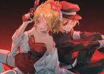  1boy 1girl :q absurdres bandage_over_one_eye blonde_hair blue_eyes breasts cleavage colored_eyelashes commentary expressionless eyepatch frown gradient_background gun hair_bun hat highres holding holding_gun holding_weapon japanese_clothes kagamine_len kagamine_rin karakuri_burst_(vocaloid) looking_at_viewer military_uniform momoju163 nail_polish peaked_cap red_nails scar scar_on_face short_hair single_hair_bun thighhighs tongue tongue_out uniform vocaloid weapon 