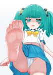  1girl acfun ass bare_legs barefoot black_choker blush bow bowtie chaowei_suzhi choker cowboy_shot fang feet foot_focus from_below gradient_background green_eyes green_hair green_sailor_collar green_skirt grey_background hair_bow hair_ornament highres leg_up looking_at_viewer looking_down medium_hair midriff miniskirt navel open_mouth panties pantyshot pleated_skirt reed_girl sailor_collar school_uniform serafuku shaded_face short_eyebrows short_sleeves skirt soles solo standing standing_on_one_leg toes twintails underwear upskirt v-shaped_eyebrows white_background white_panties white_serafuku yellow_bow yellow_bowtie 