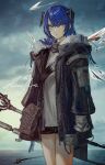  1girl absurdres arknights black_gloves black_jacket black_shorts blue_eyes blue_hair commentary_request day detached_wings fur-trimmed_jacket fur_trim gloves hair_between_eyes halo highres horizon horns jacket long_hair looking_at_viewer mostima_(arknights) ocean open_clothes open_jacket open_mouth parted_lips rau_ma_(the_rauma001) shirt short_shorts shorts signature solo water white_shirt wings 