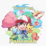  1boy :d arm_up artist_name ash_ketchum baseball_cap belt black_shirt blue_jacket blue_pants blue_sky brown_belt brown_eyes brown_hair bulbasaur character_request charmander cherry_blossoms chibi cloud commentary copyright_name day english_commentary falling_petals fence fingerless_gloves gloves grass green_gloves hat holding holding_poke_ball house jacket looking_at_viewer magikarp open_clothes open_jacket open_mouth pants petals pidgeot pikachu poke_ball poke_ball_(basic) pokemon pokemon_(anime) pokemon_(creature) rainbow red_footwear red_headwear shirt shoes short_hair short_sleeves simple_background sky smile squirtle starter_pokemon_trio teeth thank_you tree upper_teeth_only water watermark white_background white_headwear white_jacket zoe_(killyou80) 