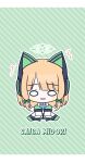 1girl ^^^ animal_ear_headphones animal_ears black_shorts blonde_hair blue_archive blue_necktie bow character_name chibi collared_shirt diagonal_stripes fake_animal_ears full_body green_background green_bow green_footwear hair_bow halo headphones highres jacket long_sleeves looking_at_viewer midori_(blue_archive) necktie outline parted_lips seno_(senohime) shirt shoes shorts sidelocks sitting sleeves_past_fingers sleeves_past_wrists solo striped striped_background suspender_shorts suspenders wavy_mouth white_jacket white_outline white_shirt wide_oval_eyes wide_sleeves 