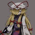  1girl blonde_hair bow closed_mouth dress grey_background hair_bow hair_over_one_eye hat hat_ribbon hatching_(texture) highres linear_hatching long_hair long_sleeves looking_at_viewer mob_cap multiple_hair_bows portal_(object) purple_eyes ribbon simple_background solo tabard touhou trigram upper_body white_dress yakumo_yukari zunusama 