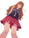  1girl arms_behind_back basketball_jersey brown_eyes brown_hair commentary_request from_below highres idolmaster idolmaster_cinderella_girls long_hair looking_at_viewer looking_down moroboshi_kirari national_basketball_association open_mouth polka_dot polka_dot_skirt red_skirt simple_background skirt smile solo standing white_background yazawa_happyaro 