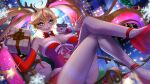  1girl animal_on_shoulder antlers arielle_(vtuber) blonde_hair blue_eyes blurry blurry_background bow bowtie box candy_cane_earrings christmas_lights cityscape colored_inner_hair commission detached_sleeves dress fingernails fishnet_thighhighs fishnets fur-trimmed_dress fur-trimmed_sleeves fur_trim gift gift_box hair_between_eyes high_heels holding holding_box indie_virtual_youtuber multicolored_hair pink_hair red_bow red_bowtie red_dress red_footwear red_hair red_nails red_sleeves reindeer_antlers santa_dress sharp_fingernails sleeveless sleeveless_dress smile snowflakes strapless strapless_dress streaked_hair thighhighs twintails yuarima2 