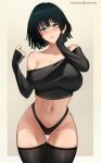  1girl absurdres bare_shoulders black_hair black_panties black_shirt black_thighhighs blush border breasts collarbone commentary cowboy_shot crop_top fubuki_(one-punch_man) gradient_background green_eyes grey_background grey_border grin groin hands_up highres hioyami large_breasts long_sleeves looking_at_viewer midriff navel no_pants off-shoulder_shirt off_shoulder one-punch_man outside_border panties parted_lips patreon_username shirt short_hair skindentation sleeves_past_wrists smile solo standing stomach sweat thick_thighs thigh_gap thighhighs thighs underwear 