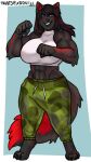  abs alexzandr_sokolov anthro biceps black_body black_fur black_hair camo camo_clothing camo_print canid canine canis clothing fur hair herm hi_res intersex mammal markings muscular pattern_clothing pose red_eyes red_markings solo thatsexdog white_clothing wolf 