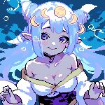  1girl ahiru_tokotoko bare_shoulders blue_background blue_eyes breasts cleavage closed_mouth collarbone commentary highres horns indie_virtual_youtuber large_breasts long_hair long_sleeves looking_at_viewer original pixel_art pointy_ears smile solo upper_body virtual_youtuber white_hair 