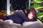  1girl alternate_costume black_hair blue_eyes blush breasts christmas_tree city_lights closed_mouth commentary demon_girl demon_horns demon_tail earrings highres horns indoors jewelry large_breasts looking_at_viewer lying multicolored_hair nanashi_inc. on_bed on_stomach pillow pointy_ears pov_across_bed purple_sweater red_hair red_skirt ryugasaki_rene short_hair skirt smile snowing solo stud_earrings sugar_lyric sweater symbol-only_commentary tail two-tone_hair virtual_youtuber zono_(inokura_syuzo029) 