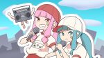  2girls absurdres alternate_costume animate_object backwards_hat bandaid bandaid_on_cheek bandaid_on_face baseball_cap bashauma_kaede blue_eyes blue_hair blue_sky blunt_bangs blush boombox character_name cloud cloudy_sky commentary_request day drop_shadow grin gym_uniform hand_on_own_hip hand_up hands_up hat highres kotonoha_akane kotonoha_aoi looking_at_viewer multiple_girls outline pink_hair puffy_short_sleeves puffy_sleeves red_eyes shirt short_sleeves siblings sidelocks sisters sky skyline smile upper_body v-shaped_eyebrows voiceroid white_outline white_shirt 