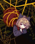  1girl 999_(hansode) black_bow black_shirt blonde_hair blush bow brown_dress brown_eyes dress hair_between_eyes hair_bow kurodani_yamame long_sleeves open_mouth pixel_art ponytail shirt short_hair silk smile solo spider_web touhou 