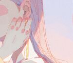 1girl blush bracelet chromatic_aberration close-up commentary ear_blush earrings english_commentary from_side glitter glitter_in_hair glitter_makeup hand_blush jewelry long_hair original pastel_colors purple_background purple_eyes simple_background solo xi_zhang 