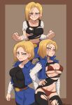  1girl absurdres android_18 blonde_hair blue_eyes bra breasts clenched_hand denim denim_jacket denim_skirt dragon_ball dragon_ball_z english_commentary hand_on_own_hip highres hyyun_ho jacket looking_at_viewer multiple_views navel panties shirt skirt smile thighhighs torn_clothes torn_shirt torn_sleeves torn_thighhighs twitter_username two-tone_background underwear 