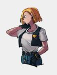  1girl android_18 belt black_belt black_gloves blonde_hair blue_eyes blue_pants bracelet closed_mouth denim dragon_ball dragon_ball_z earrings gloves grey_background jeans jewelry kemachiku looking_away necklace pants shirt short_hair short_sleeves simple_background solo white_shirt 