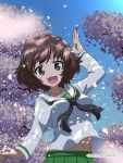  1girl :d akiyama_yukari arm_up artist_name black_neckerchief blouse blue_sky brown_eyes brown_hair cherry_blossoms clear_sky commentary dated day girls_und_panzer green_skirt highres long_sleeves looking_at_viewer messy_hair midriff_peek naotosi navel neckerchief ooarai_school_uniform open_mouth outdoors pleated_skirt sailor_collar school_uniform serafuku shirt short_hair skirt sky smile solo tree waving white_sailor_collar white_shirt wind 