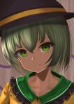  1girl black_headwear closed_mouth green_eyes green_hair hat hat_ribbon koishi_day komeiji_koishi looking_at_viewer ribbon short_hair smile solo third_eye tofuandsoup touhou upper_body yellow_ribbon 