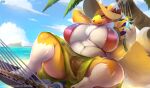  anthro areola areola_slip bandai_namco beach big_breasts bikini bikini_thong breasts butt_from_the_front clothing digimon digimon_(species) female hammock huge_breasts mature_female ocaritna renamon seaside solo swimwear 