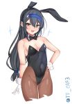  1girl animal_ears black_hair black_leotard blue_headband blush bow bowtie breasts brown_pantyhose covered_navel cowboy_shot detached_collar fake_animal_ears fake_tail hatsushimo_(kancolle) hatsushimo_kai_ni_(kancolle) headband highleg highleg_leotard highres kantai_collection leotard long_hair looking_at_viewer low-tied_long_hair open_mouth pantyhose playboy_bunny rabbit_ears red_eyes simple_background small_breasts smile solo strapless strapless_leotard tail tf_cafe traditional_bowtie twitter_username white_background wrist_cuffs 