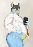  absurd_res anthro australian_cattle_dog bandit_heeler belly big_belly big_butt bluey_(series) bottomwear butt canid canine canis cattledog clothed clothing domestic_dog herding_dog hi_res male mammal mature_male overweight overweight_male partially_clothed pastoral_dog raskalaskal smile solo thick_thighs 