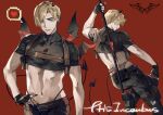  2boys adapted_costume back_tattoo black_nails brown_hair crop_top curtained_hair demon_boy demon_horns demon_tail demon_wings e_(h798602056) fingerless_gloves g-string gloves grey_eyes hand_on_own_hip heart highres holding holding_pole holster horns leg_holster leon_s._kennedy male_focus midriff mini_wings multiple_boys multiple_views pole pole_dancing resident_evil resident_evil_4 resident_evil_4_(remake) shoulder_holster spoken_heart stripper_pole tail tattoo thong tramp_stamp turnaround wings 