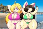  anthro beach belly bikini bikini_bottom bikini_thong bikini_top black_hair blonde_hair bodily_fluids canid canine canis clothing detailed_background domestic_dog duo female hair hi_res human lilith_(thedeathcrow05) mammal one_eye_obstructed phone purple_eyes seaside sweat swimwear thedeathcrow05 thick_thighs yellow_body 