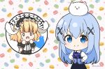  0_0 2girls ^^^ angora_rabbit animal animal_ears animal_on_head bird black_hairband black_skirt blonde_hair blue_bow blue_eyes blue_hair blue_vest bow center_frills chibi collared_shirt commentary_request fake_animal_ears fleur_de_lapin_uniform floppy_ears frilled_hairband frills gochuumon_wa_usagi_desu_ka? hair_between_eyes hair_ornament hairband hands_on_own_hips kafuu_chino kirima_syaro long_hair long_sleeves mitya multiple_girls on_head open_mouth polka_dot polka_dot_background puffy_long_sleeves puffy_sleeves rabbit rabbit_ears rabbit_house_uniform shirt skirt sleeves_past_wrists sweat tippy_(gochiusa) twitter twitter_logo twitter_x_logo uniform very_long_hair vest waitress wavy_mouth white_background white_shirt x_hair_ornament 