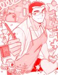 ... 1boy apron bara cropped_legs devil_(housamo) glasses heart highres holding large_pectorals looking_at_viewer male_focus milk_carton monochrome motoori_shiro muscular muscular_male ornate_border pectoral_cleavage pectorals red_theme rimless_eyewear short_hair sideburns sideways_glance sketch smile solo sparkle strawberry_milk thick_eyebrows tokyo_afterschool_summoners tyou 