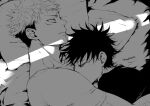  2boys closed_mouth commentary_request facial_mark fushiguro_megumi hug indoors itadori_yuuji jujutsu_kaisen looking_away lying male_focus monochrome multiple_boys pillow shirt short_hair short_sleeves spiked_hair twitter_username undercut yaoi youjo_(kurukuru9696) 