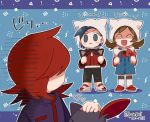  1girl 2boys :3 animal_ears blue_eyes blue_hair brown_hair closed_eyes commentary_request ethan_(pokemon) fake_animal_ears konpei_(konpeito_210) lyra_(pokemon) multiple_boys pokemon pokemon_(creature) pokemon_(game) pokemon_hgss red_hair silver_(pokemon) smile sneasel 