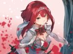  1girl aqua_eyes ark_royal_(kancolle) black_gloves blue_eyes bow bow_(weapon) bowtie breasts cleavage closed_mouth compound_bow gloves highres holding holding_bow_(weapon) holding_weapon kantai_collection long_hair looking_at_viewer medium_breasts petals red_bow red_bowtie red_hair short_hair signature simple_background solo sunday_aki tiara upper_body very_long_hair weapon 