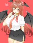  1girl absurdres bat_wings black_skirt black_wings blush breasts commentary_request cowboy_shot dot_nose dress_shirt fang hair_between_eyes head_wings heart highres huge_breasts koakuma long_hair looking_at_viewer necktie no_vest pencil_skirt red_background red_eyes red_hair red_necktie shiny_skin shirokumall shirt short_sleeves side_slit sidelocks simple_background skin_fang skirt solo taut_clothes taut_shirt touhou very_long_hair white_shirt wings 