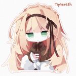  1girl blonde_hair bow bowtie brown_bow brown_bowtie brown_capelet brown_hairband brown_ribbon capelet chibi closed_mouth expressionless hair_ribbon hairband lemonail lobotomy_corporation long_hair long_sleeves looking_at_viewer project_moon puffy_long_sleeves puffy_sleeves ribbon shirt simple_background solo tiphereth_a_(project_moon) very_long_hair white_background white_shirt 