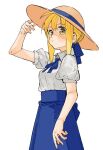  1girl artoria_pendragon_(fate) blonde_hair blue_ribbon blue_skirt blush collared_shirt fate/stay_night fate_(series) green_eyes grey_shirt hair_bun hair_ribbon hat high-waist_skirt highres looking_at_viewer neck_ribbon ribbon saber shirt short_sleeves sidelocks simple_background skirt solo sun_hat tenoo12 white_background 