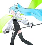  1girl aqua_hair asymmetrical_legwear backpack bag black_bodysuit black_gloves bodysuit copyright_name cropped_jacket crypton_future_media flag floating_hair from_side gloves goodsmile_racing hair_ornament hatsune_miku headphones high_collar highres holding holding_flag jacket kokaki_mumose long_hair long_sleeves open_mouth profile puffy_long_sleeves puffy_sleeves racing_miku racing_miku_(2022) single_thighhigh smile solo thighhighs twintails very_long_hair vocaloid walking white_jacket 