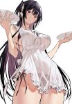  1girl apron bikini black_hair blush breasts colored_inner_hair frilled_apron frills haitekudasai_takamine-san hiiragi_yuuichi holding holding_plate large_breasts long_hair looking_at_viewer looking_down multicolored_hair parted_lips plate purple_hair ribbon see-through side-tie_bikini_bottom simple_background solo standing swimsuit takamine_takane thighs very_long_hair 